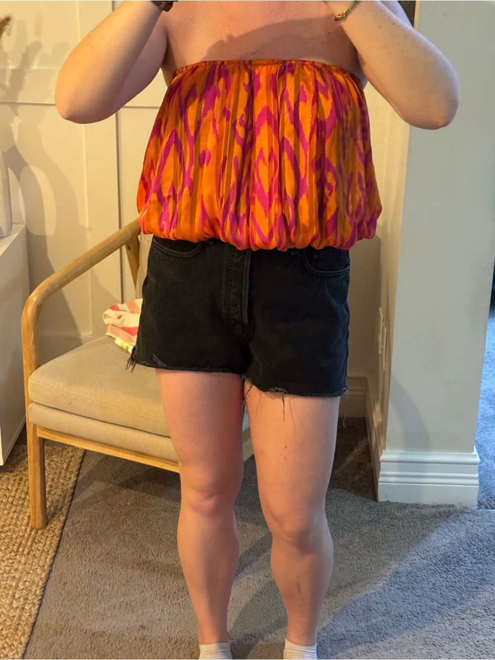 Women's Orange & Pink Strapless Bubble Hem Shorts Top